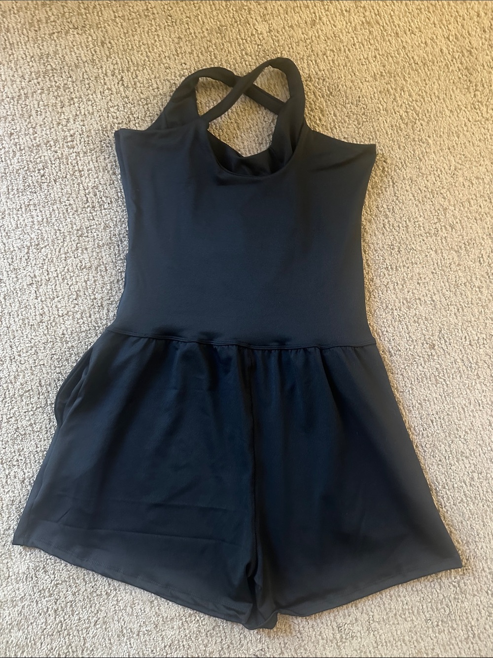 Women's Small Black Cross-Back Skater Romper- Never worn -pocket/ back cut out